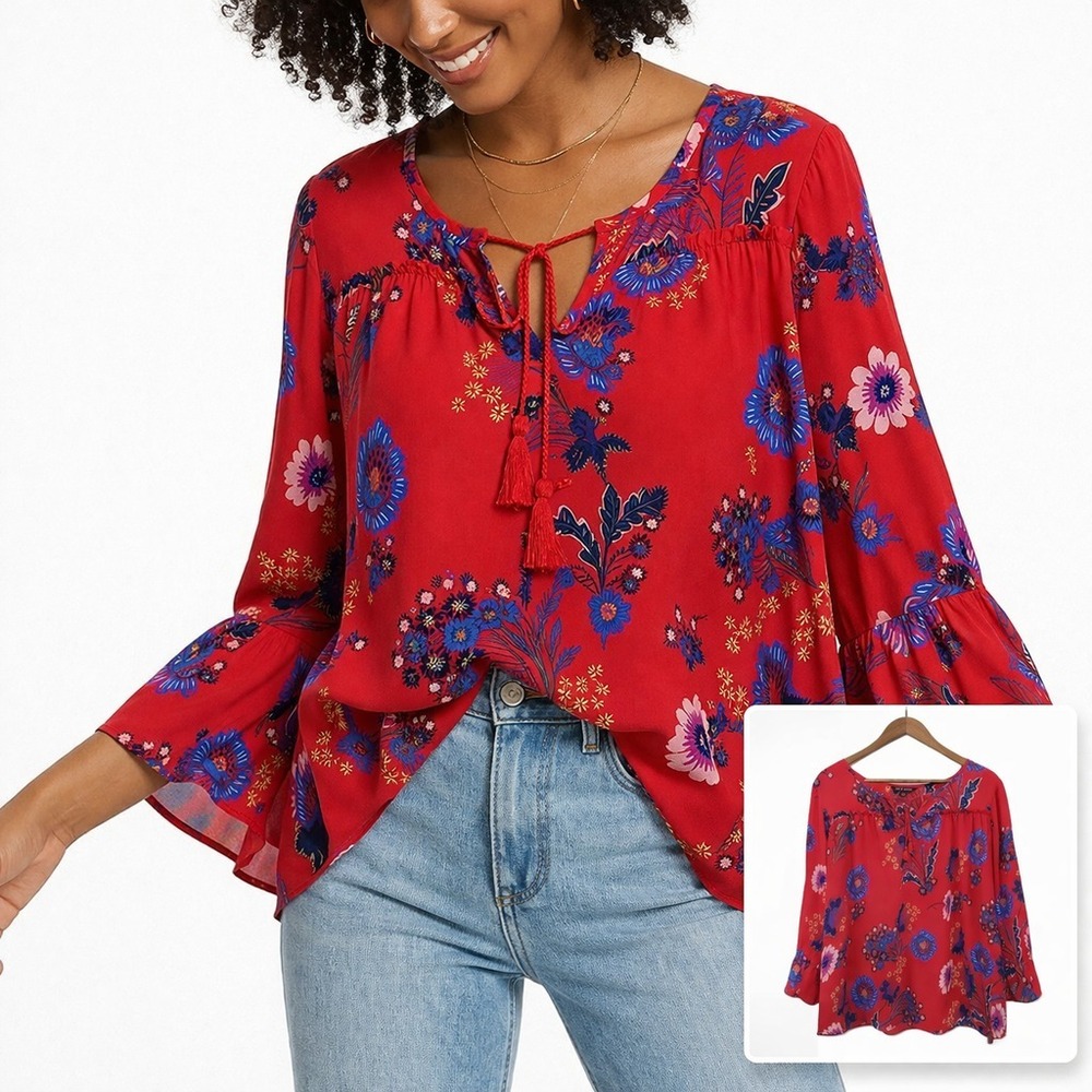 Zac & Rachel Peasant Blouse Tie Neck‎ Boho Flowy Tunic Red L